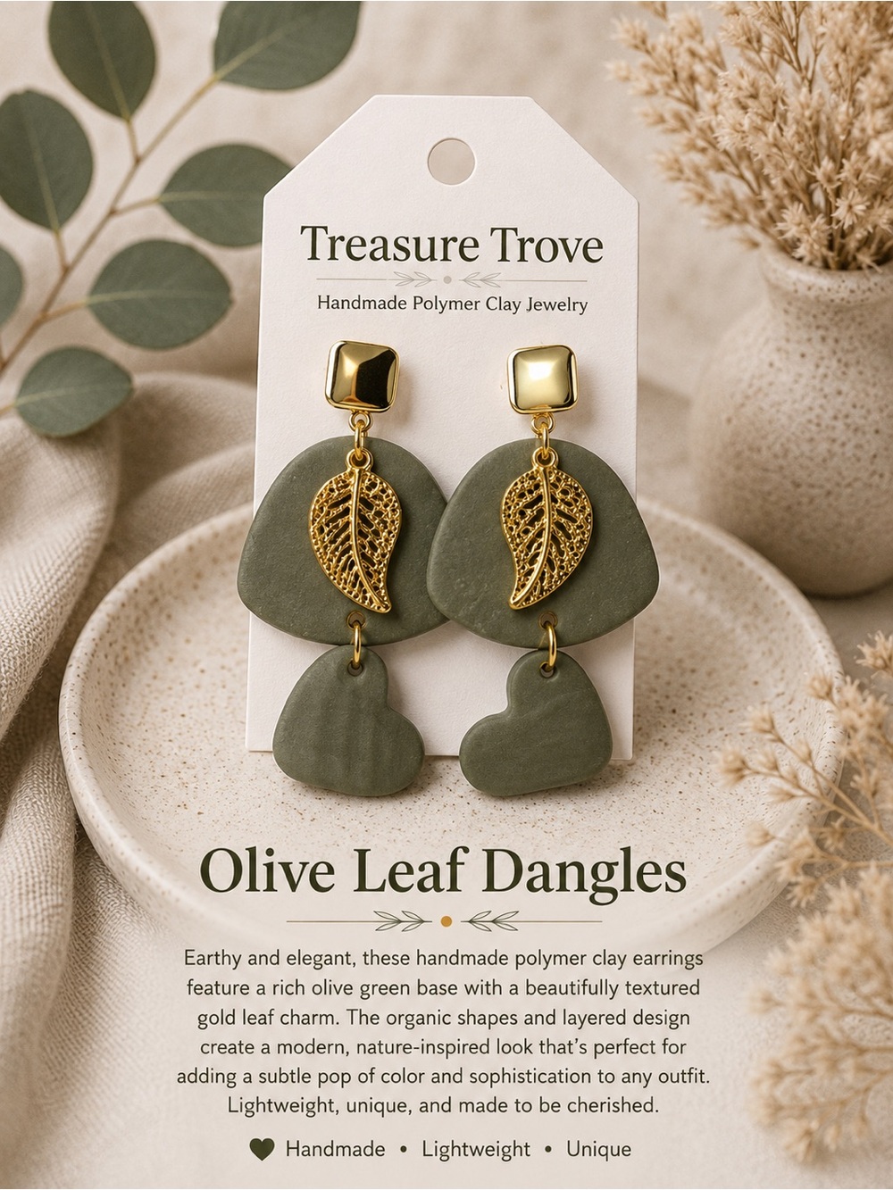 Treasure Trove Olive Leaf Dangle Earrings — Olive Green & Gold